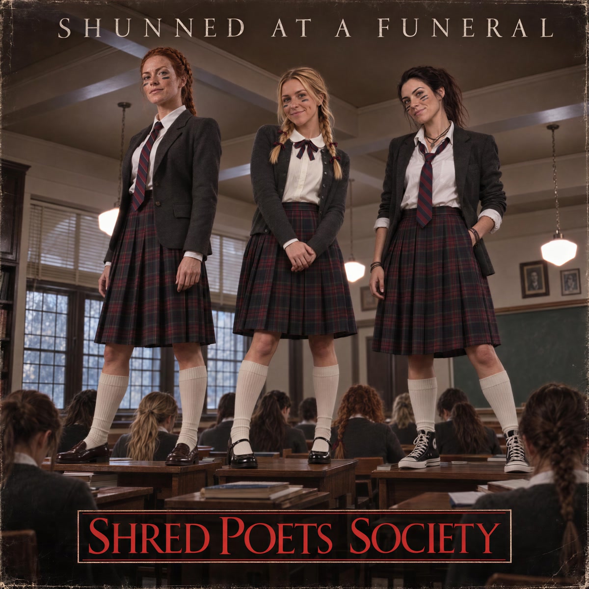 Shred Poets Society album cover by Shunned at a Funeral, featuring three women standing on classroom desks