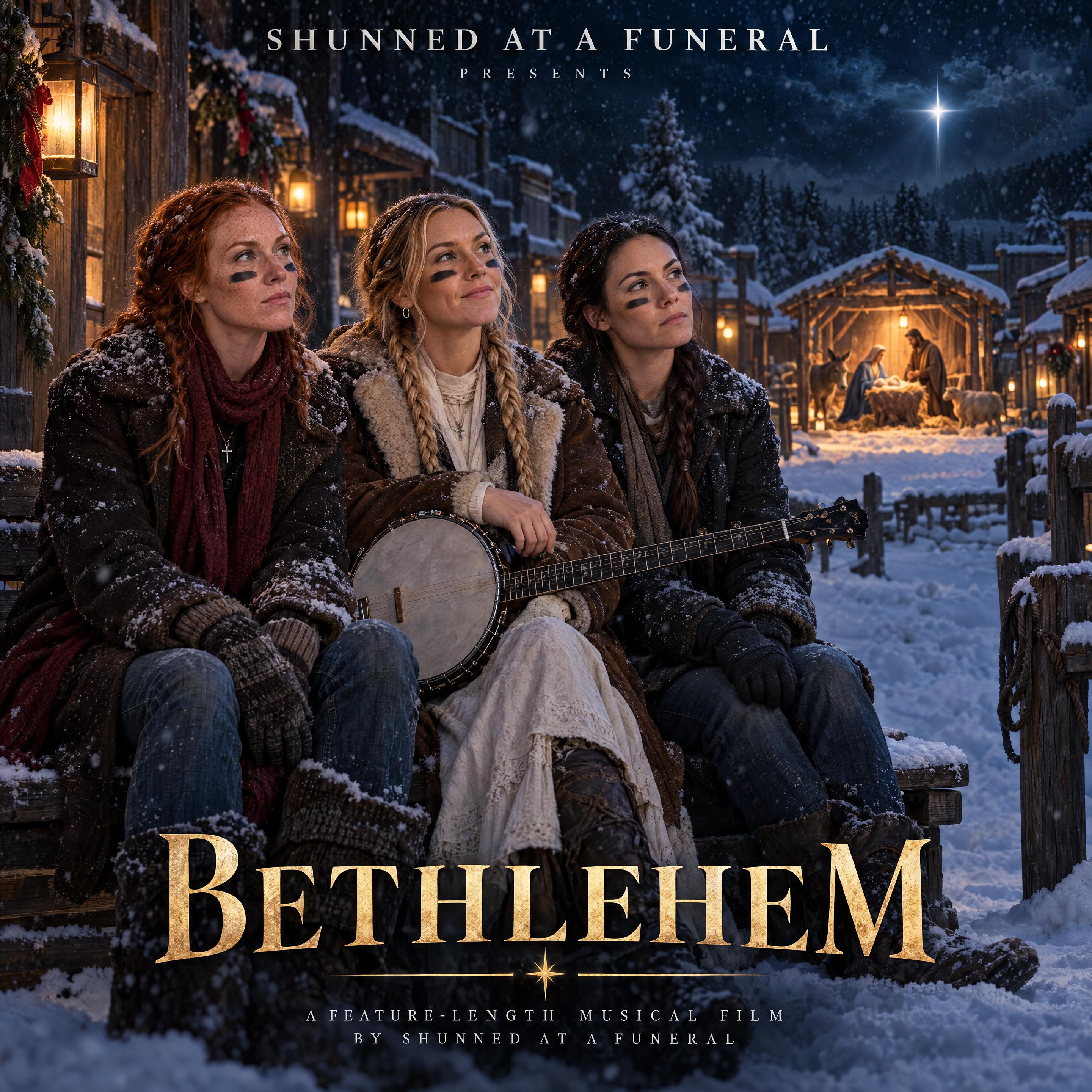 Bethlehem film poster: three women sitting on a bench in a snowy Christmas village